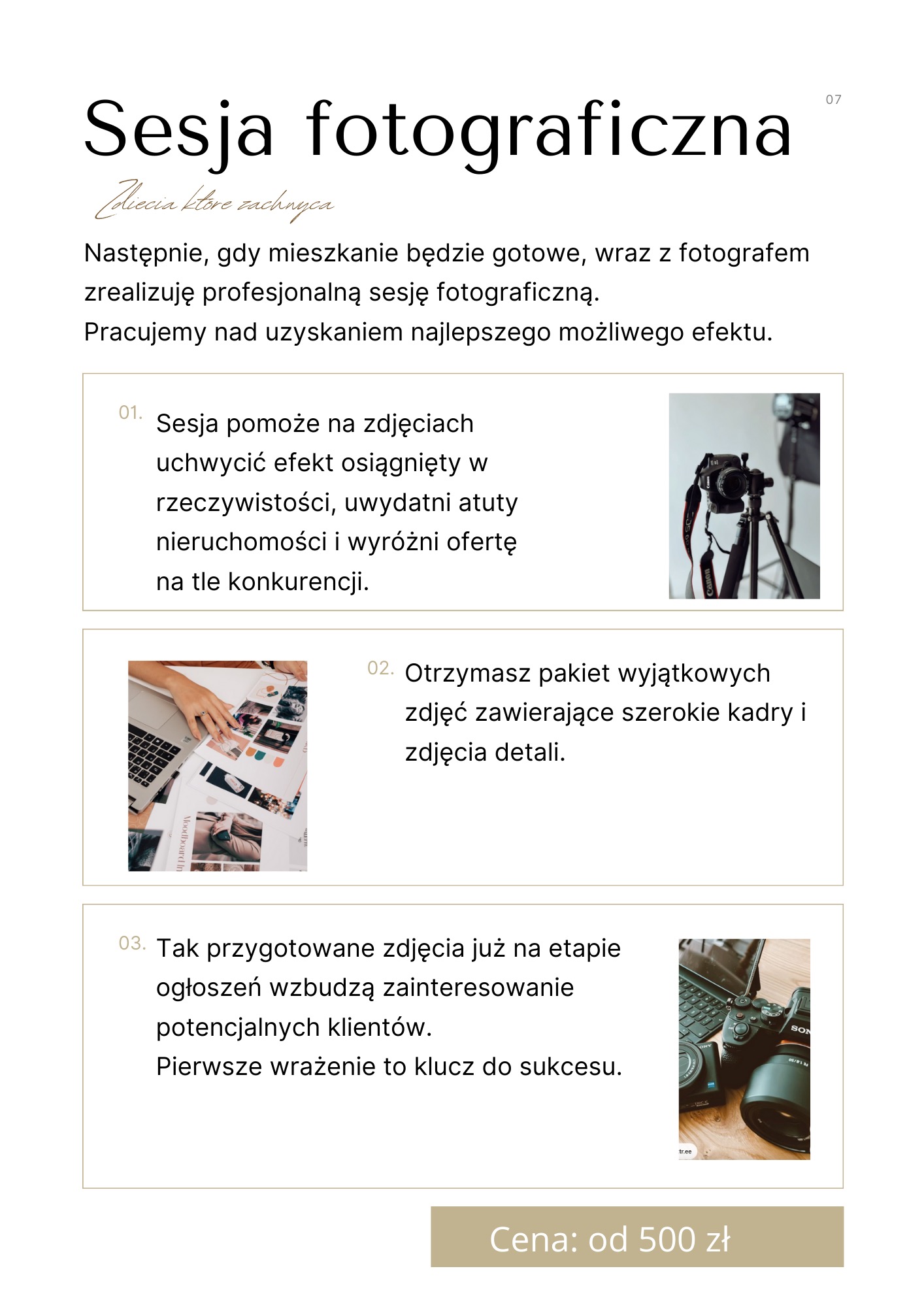 Ujęcie z oferty sesji fotograficznej nieruchomości: aparat Canon na statywie, dłoń przeglądająca moodboard z aranżacjami wnętrz oraz zestaw aparatów Sony na stole.