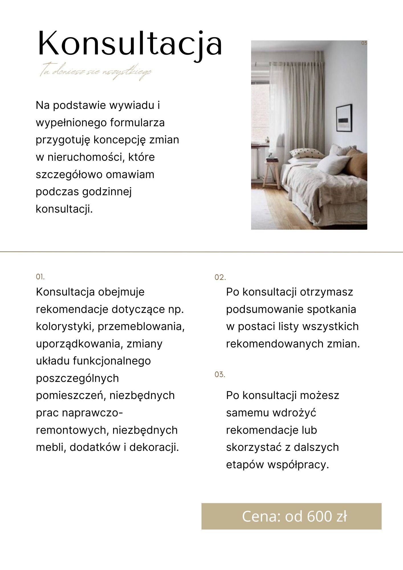 Grafika reklamowa konsultacji dotyczącej aranżacji wnętrz. Pokój z łóżkiem, stolikiem i zasłonami w neutralnych kolorach.