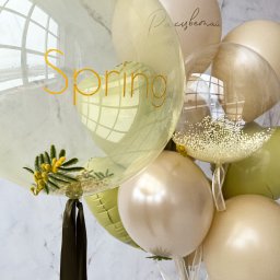 Fundacji Rozwoju Przedsiębiorczości Twój StartUp - Kompozycja z pastelowych balonów w odcieniach beżu i zieleni, z przezroczystym balonem z napisem Spring i gałązkami mimozy wewnątrz, oraz balonem wypełnionym drobnymi, złotymi kuleczkami.