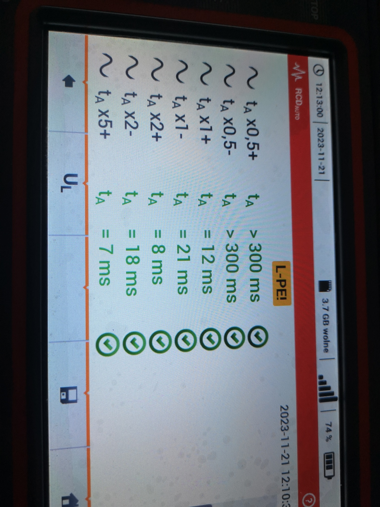 Ekran miernika elektrycznego z wynikami testu RCD, wskazujący czasy wyłączenia dla różnych prądów, z zielonymi symbolami potwierdzającymi prawidłowe działanie.