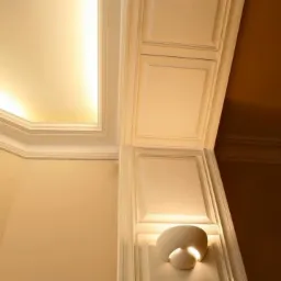 Kąt ujęcia na rogu pokoju z białymi, zdobionymi listwami przysufitowymi, oświetleniem LED w suficie i ozdobnym kinkietem na ścianie, w ciepłych odcieniach beżu i brązu.