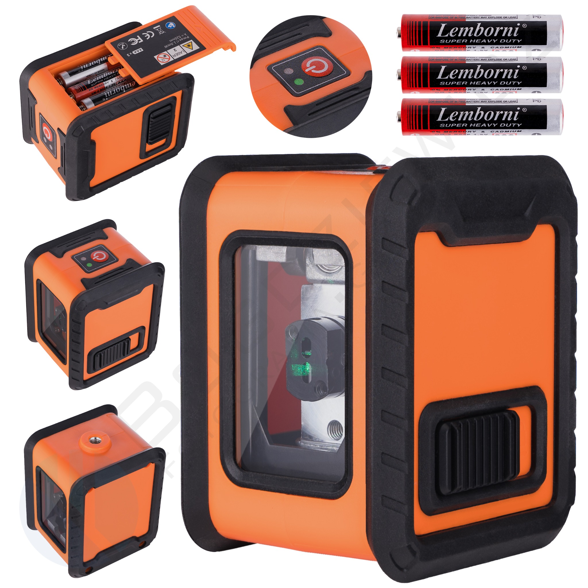 Pomarańczowy laser krzyżowy z czarną obudową, pokazany z różnych perspektyw, z otwartą komorą baterii i trzema bateriami Lemborni.