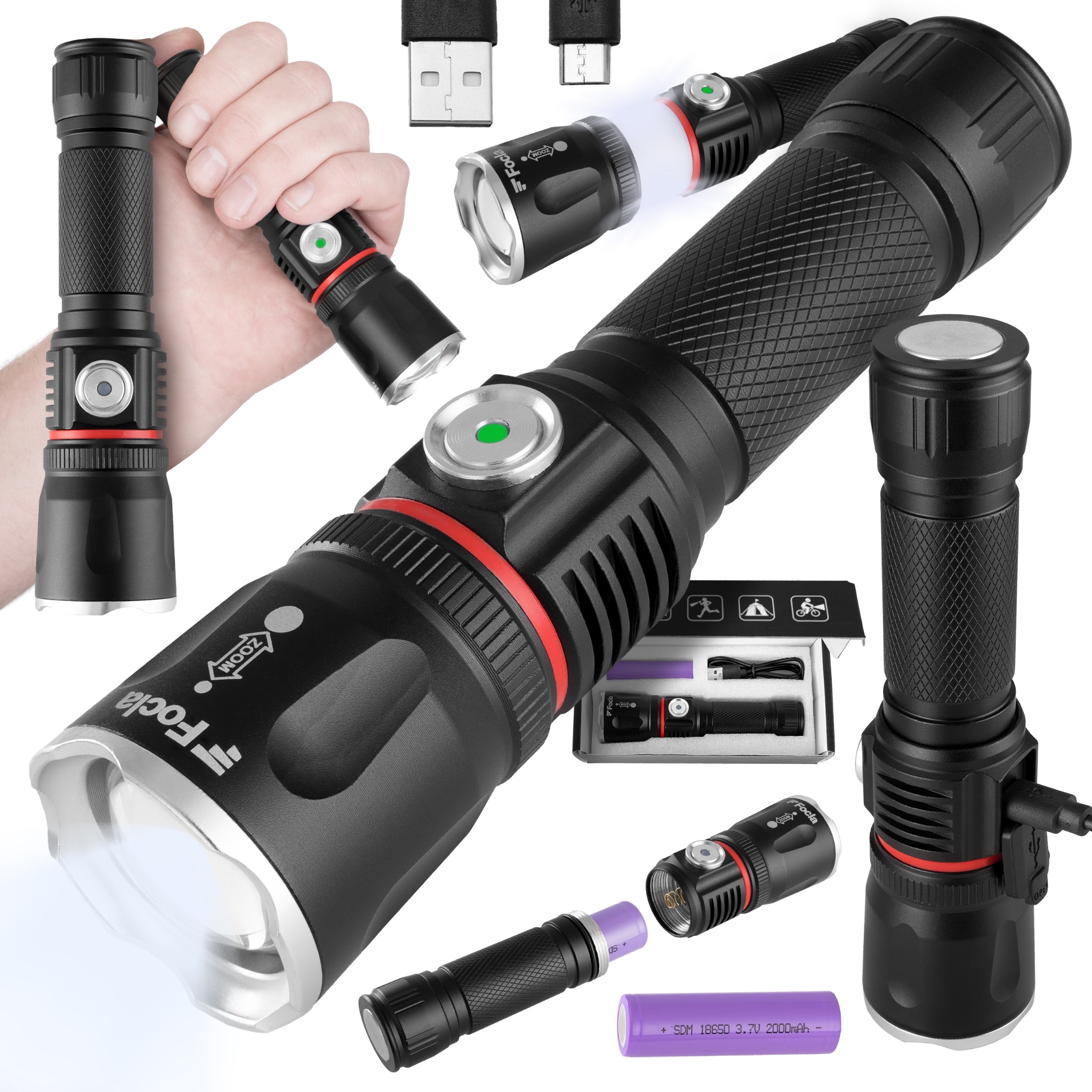Czarna latarka taktyczna LED z regulacją zoomu, prezentowana w różnych ujęciach, z akcesoriami takimi jak bateria litowo-jonowa, kabel USB i pudełko z piktogramami aktywności outdoorowych.