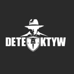 Logo firmy detektywistycznej z wizerunkiem detektywa w kapeluszu i napisem 'DETEKTYW' z tarczą herbową.