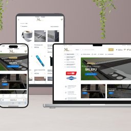 Kramiges Technology Michał Gąsior - Prezentacja sklepu internetowego MatProfex na laptopie, tablecie i smartfonie. Ekrany pokazują stronę główną i ofertę profili budowlanych. Dekoracyjne pnącze w tle.