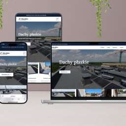 Kramiges Technology Michał Gąsior - Responsywny design strony 'polkraj.pl' na laptopie, tablecie i smartfonie. Prezentacja oferty dachów płaskich z widokiem na realizacje i dane kontaktowe.
