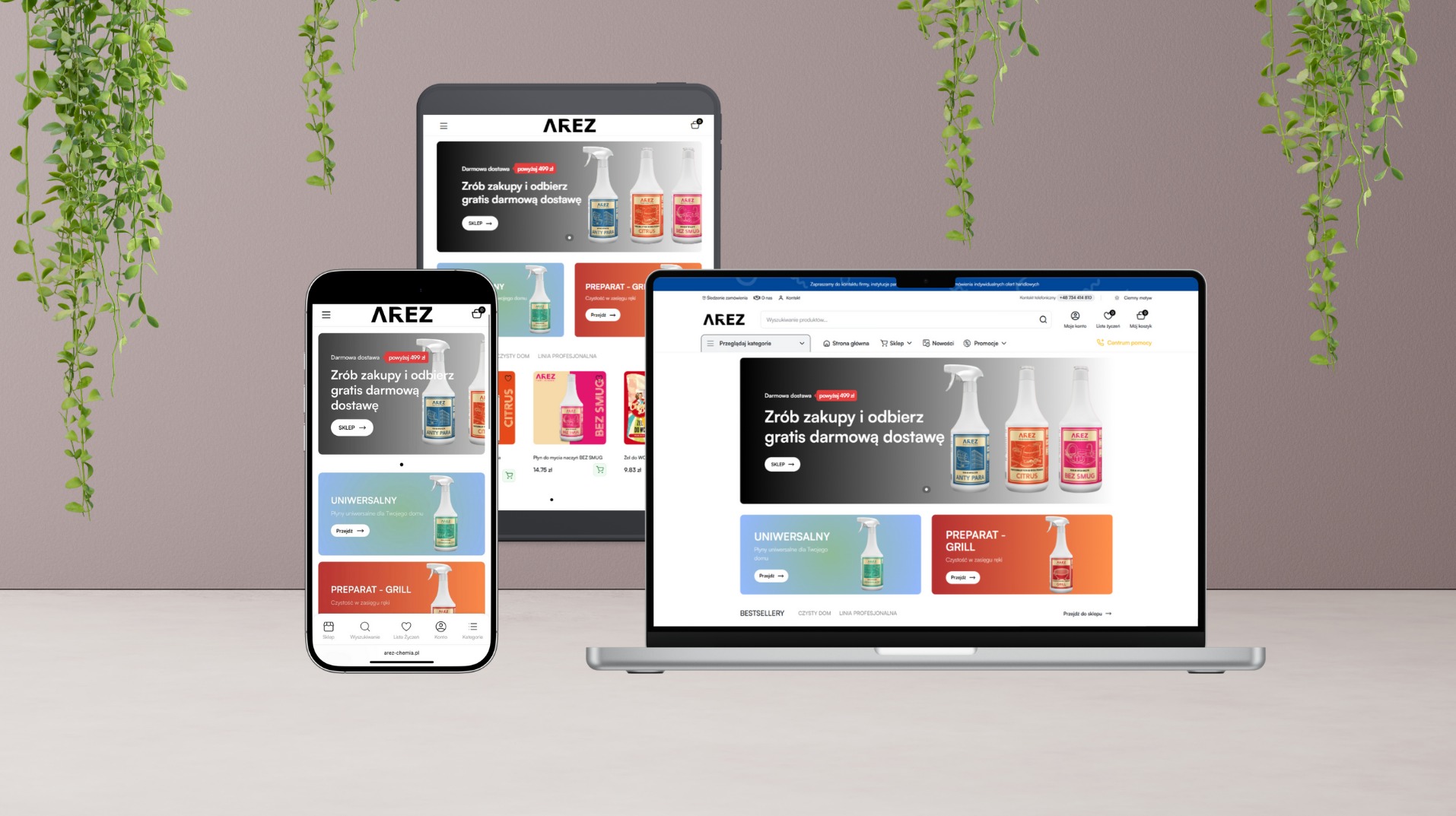 Responsywny sklep internetowy AREZ na laptopie, tablecie i smartfonie. Prezentacja oferty środków czystości z darmową dostawą. Nowoczesny design, czytelna nawigacja.