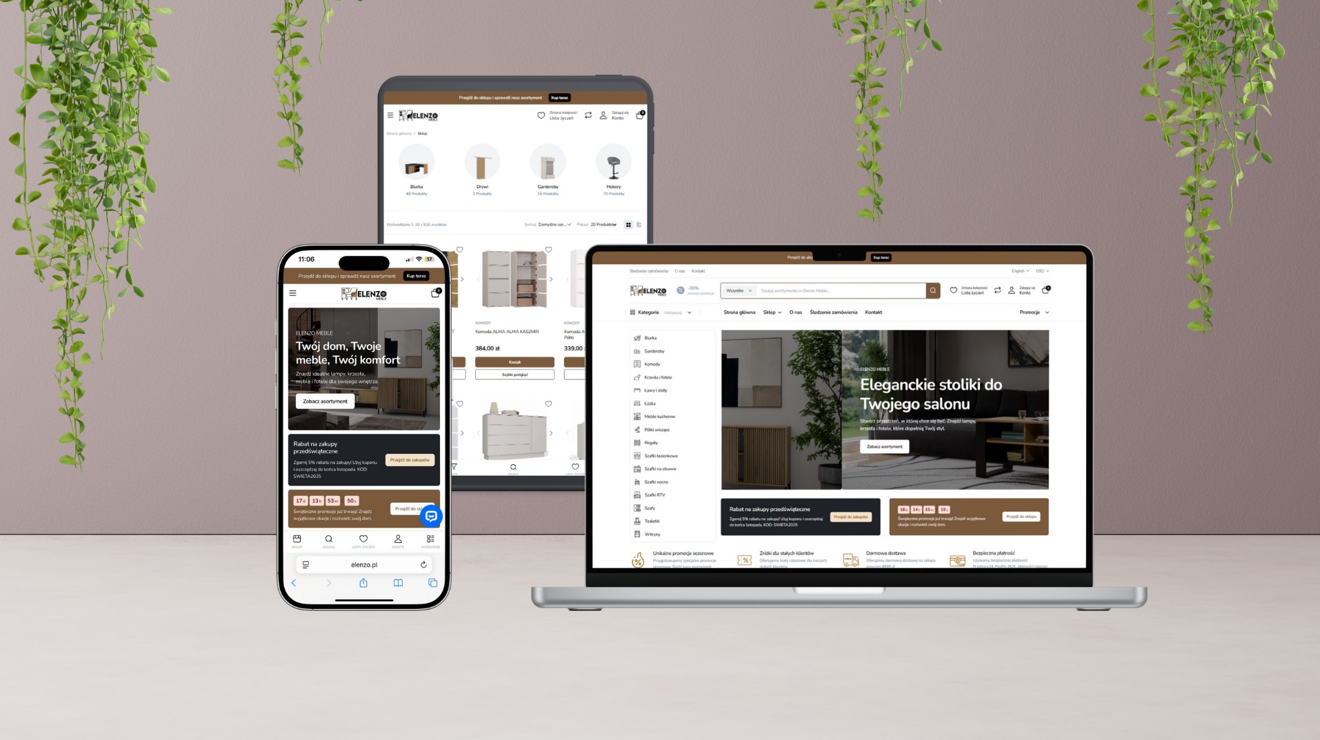 Responsywna strona sklepu Elenzo na laptopie, tablecie i smartfonie, prezentująca meble i dekoracje wnętrz. Rośliny zwisające z góry dodają naturalnego akcentu.