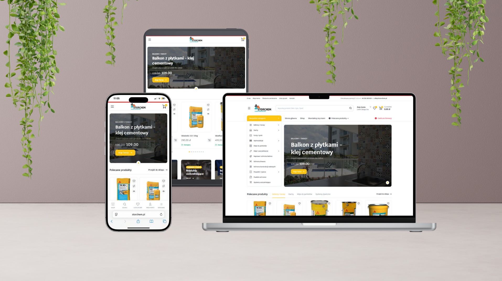 Responsywny wygląd sklepu internetowego Storchem.pl z Gliwic na laptopie, tablecie i smartfonie. Prezentacja oferty kleju cementowego na balkony i tarasy.