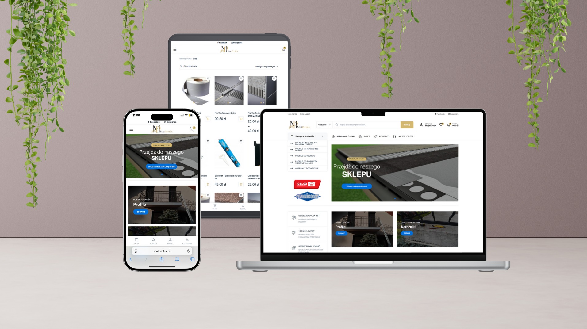Prezentacja sklepu internetowego MatProfex na laptopie, tablecie i smartfonie. Ekrany pokazują stronę główną i ofertę profili budowlanych. Dekoracyjne pnącze w tle.