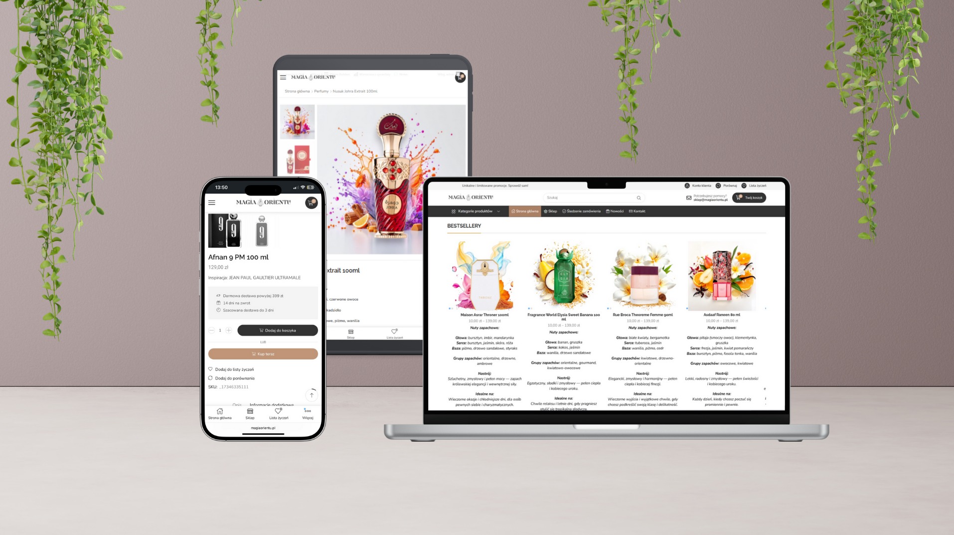 Prezentacja sklepu internetowego Magia Orientu na urządzeniach: smartfon z aplikacją, tablet i laptop z widokiem strony bestsellery. Dekoracja z roślin.