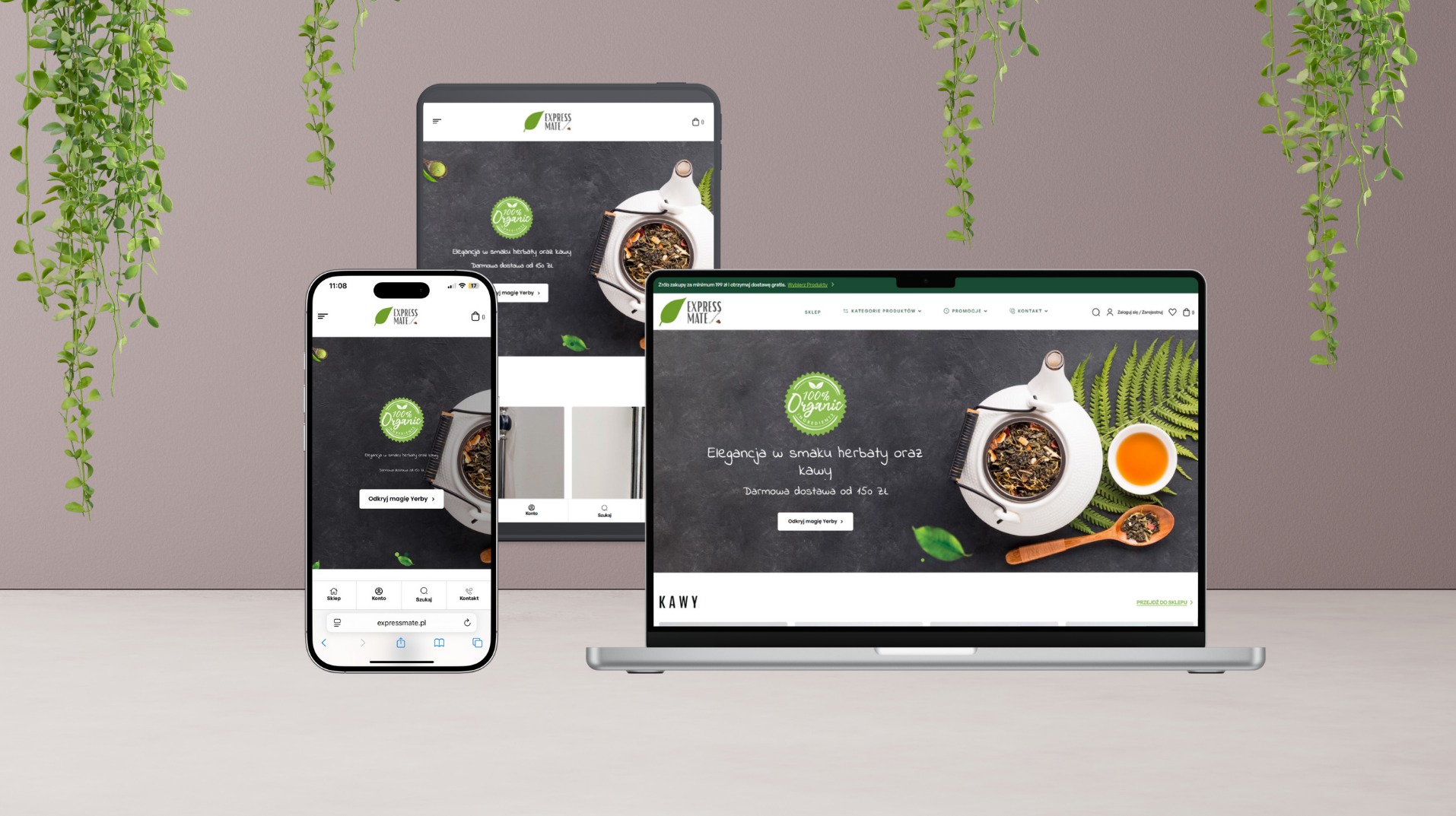 Responsywny design sklepu internetowego na laptopie, tablecie i smartfonie. Prezentacja strony z motywem herbaty i kawy, z logo Express Mate. Dekoracyjne rośliny w tle.