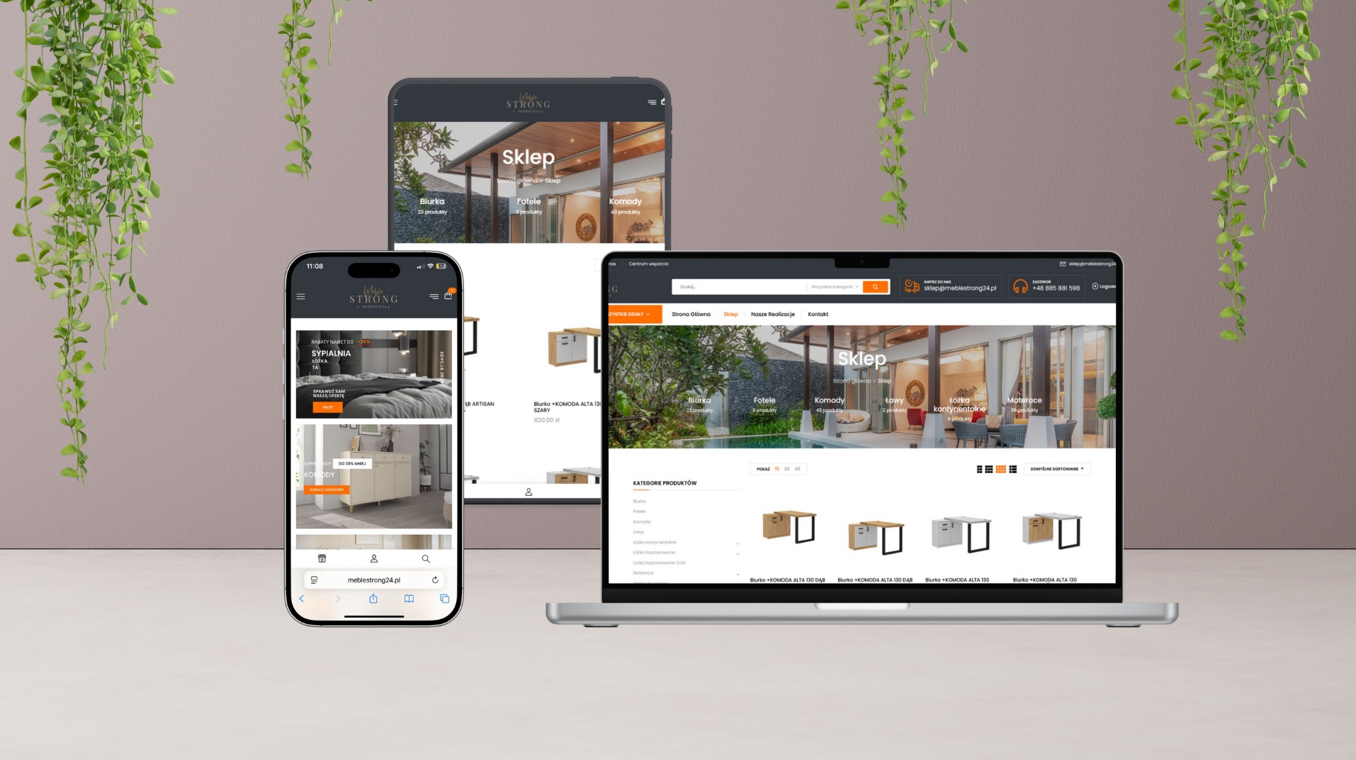 Responsywny sklep internetowy meblestrong24.pl na laptopie i smartfonie, prezentacja strony głównej i kategorii produktów. Dekoracyjne pnącza w tle.