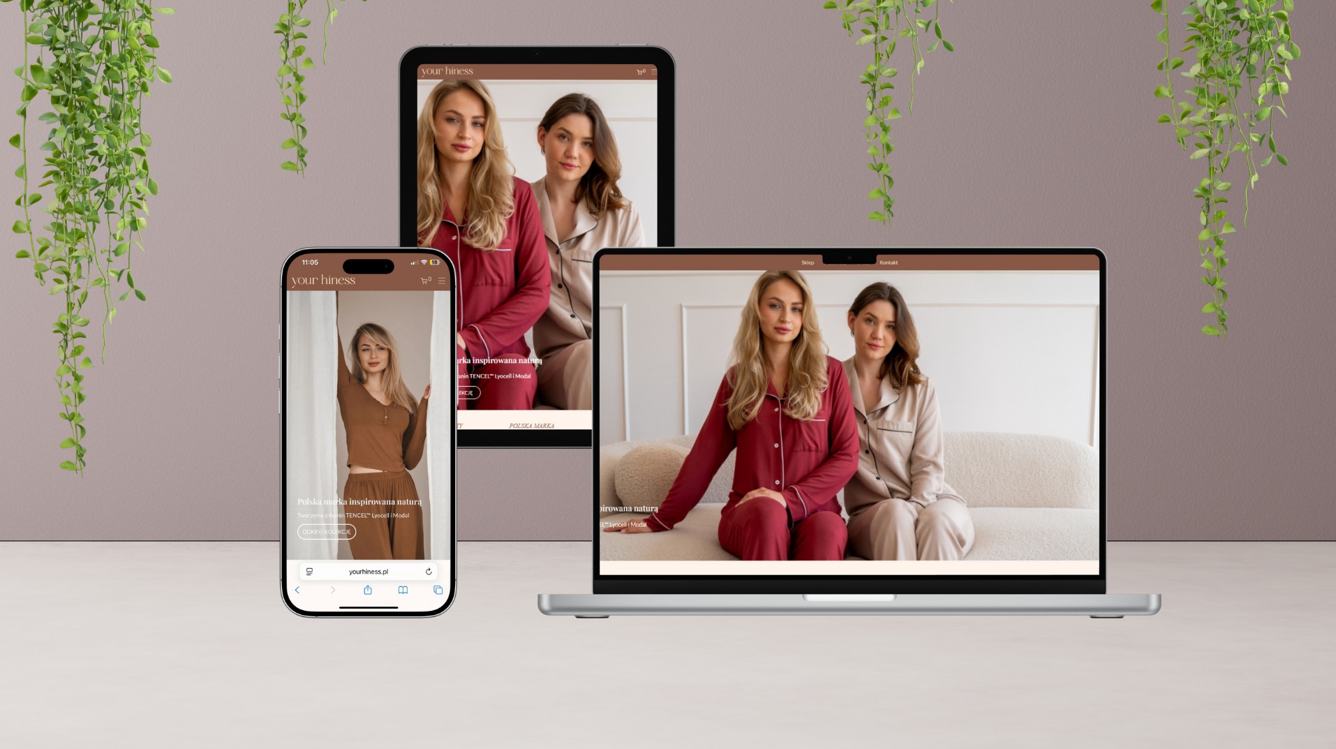 Prezentacja responsywnego sklepu internetowego yourhiness.pl na laptopie, tablecie i smartfonie. Estetyczny design, kobieca moda, naturalne materiały.