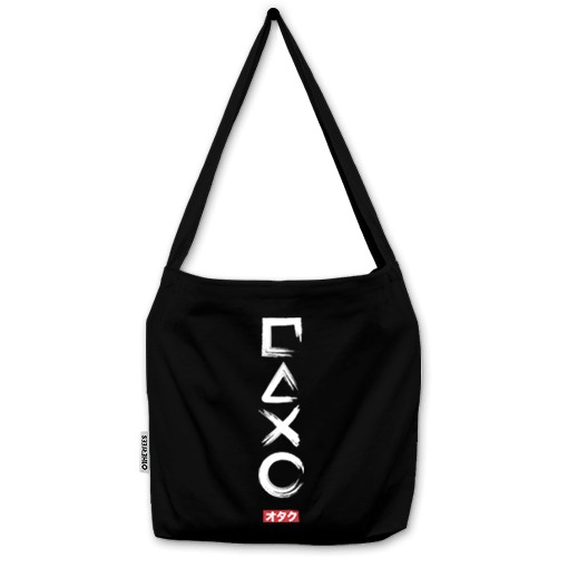 Czarna torba na ramię z białym nadrukiem symboli PlayStation i napisem 'Otaku' w języku japońskim.