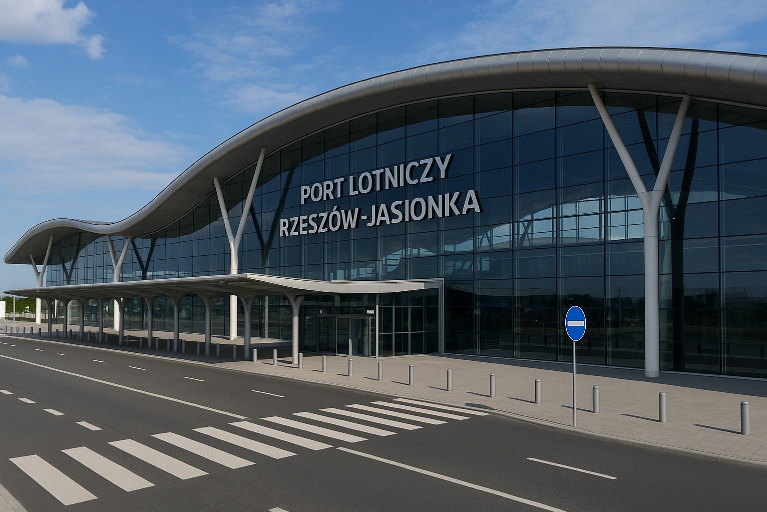 Nowoczesny budynek Portu Lotniczego Rzeszów-Jasionka z przeszkloną fasadą, widok od strony drogi z przejściem dla pieszych i znakiem zakazu wjazdu.