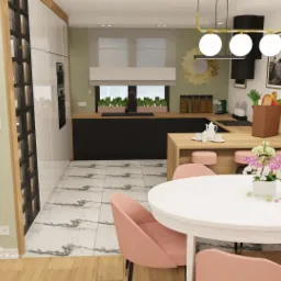 Wizualizacja kuchni w domu parterowym: czarne szafki dolne, drewniany blat, biały stół z różowymi krzesłami, kwiaty w wazonie, okno z roślinami, złote dodatki i lustro słoneczne.