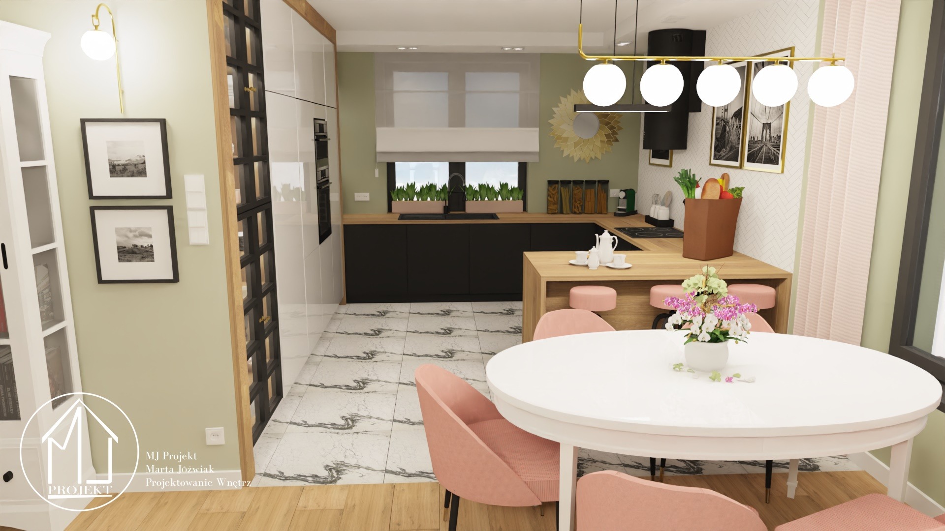 Wizualizacja kuchni w domu parterowym: czarne szafki dolne, drewniany blat, biały stół z różowymi krzesłami, kwiaty w wazonie, okno z roślinami, złote dodatki i lustro słoneczne.