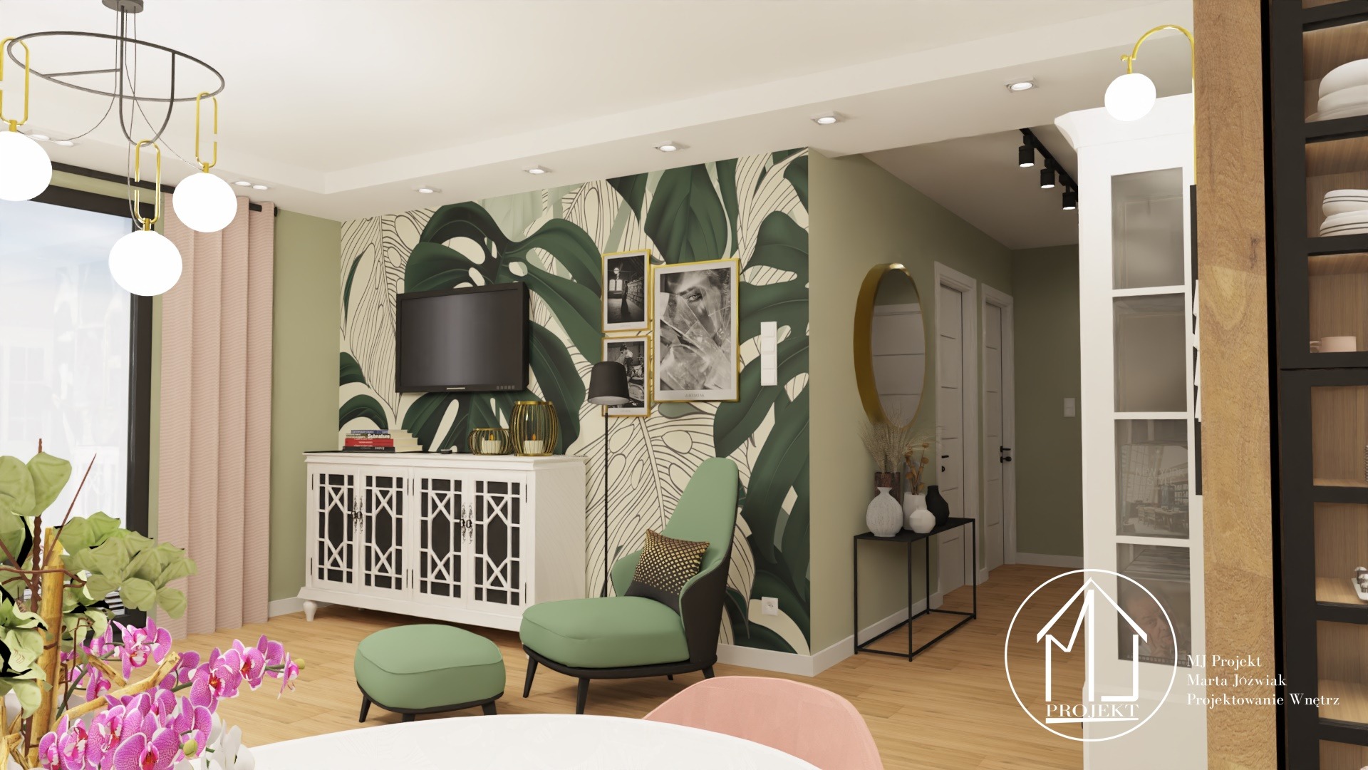 Wizualizacja salonu w domu parterowym z motywem tropikalnych liści na ścianie, białym kredensem, pastelowym fotelem i pufą, oraz okrągłym lustrem w złotej ramie.