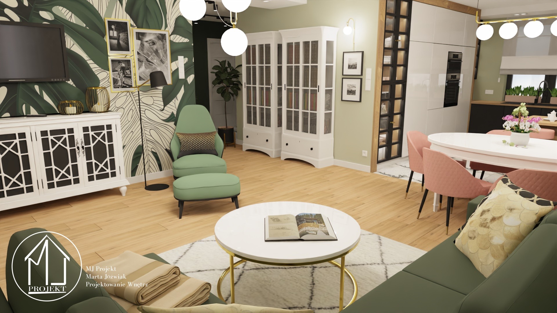 Wizualizacja salonu w domu parterowym: zielona tapeta w liście monstery, biała komoda z dekoracyjnymi frontami, pastelowy fotel z podnóżkiem, okrągły stolik kawowy z otwartą książką, widoczne...