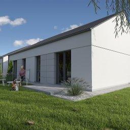 ALJAS Development Sp. z o.o. - Wizualizacja nowoczesnego parterowego domu z płaskim dachem i szarymi panelami elewacyjnymi, z kobietą siedzącą na krześle w ogrodzie, obok bawi się dziecko.