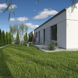 ALJAS Development Sp. z o.o. - Wizualizacja 3D nowoczesnego, parterowego domu z ogrodem, gdzie kobieta siedzi na białym krześle, a obok niej leży pies.