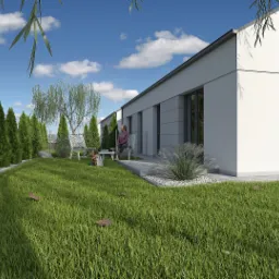 Wizualizacja 3D nowoczesnego, parterowego domu z ogrodem, gdzie kobieta siedzi na białym krześle, a obok niej leży pies.