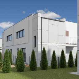 ALJAS Development Sp. z o.o. - Wizualizacja szeregu nowoczesnych, minimalistycznych domów z szarego betonu architektonicznego, otoczonych tujami i zielonym trawnikiem pod błękitnym niebem z chmurami.