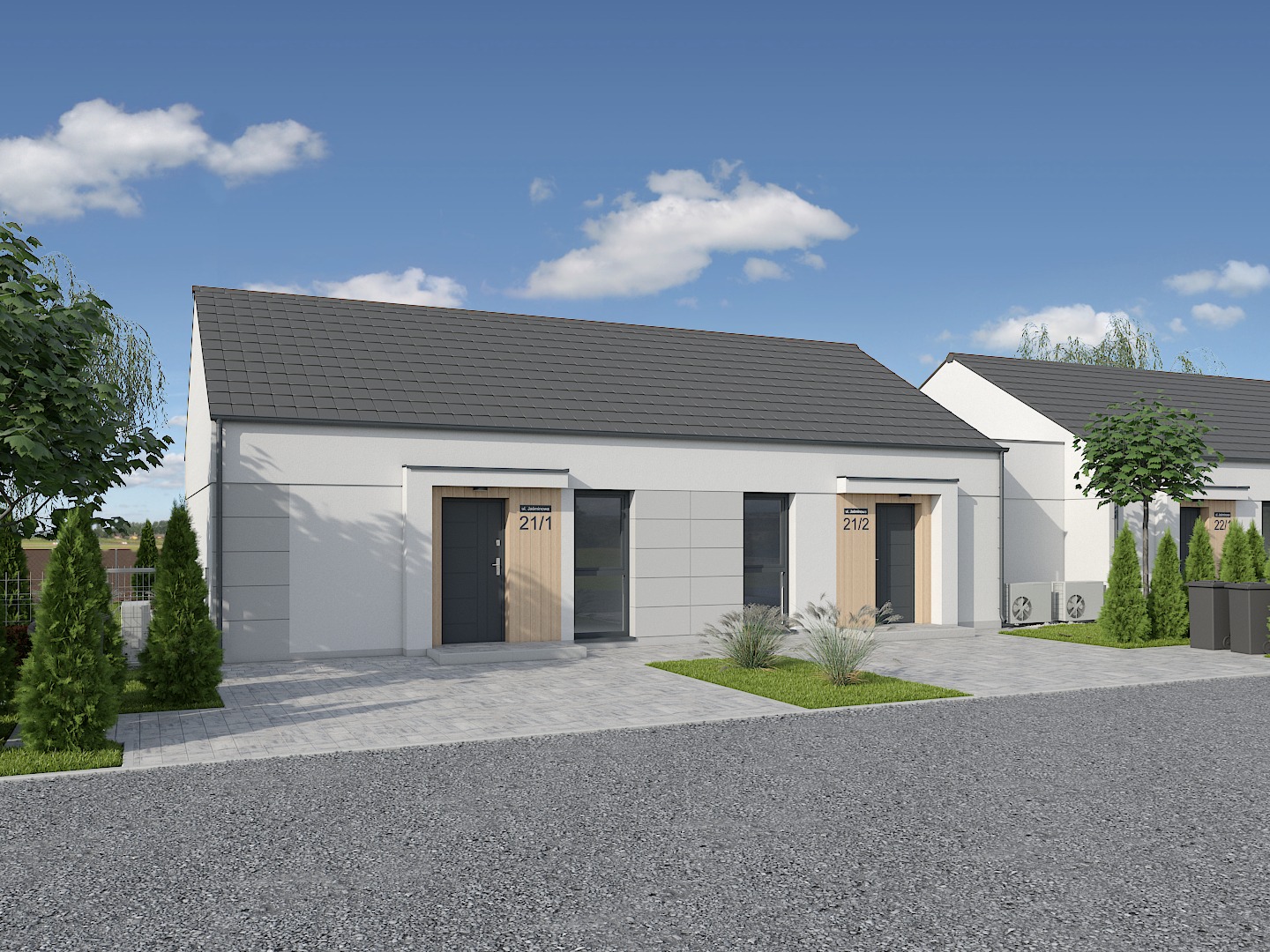 Wizualizacja szeregu nowoczesnych, parterowych domów z płaskimi dachami, otynkowanych na biało, z elementami drewnianymi przy drzwiach wejściowych i numerami adresowymi 21/1, 21/2, 22/1, otoczonych...