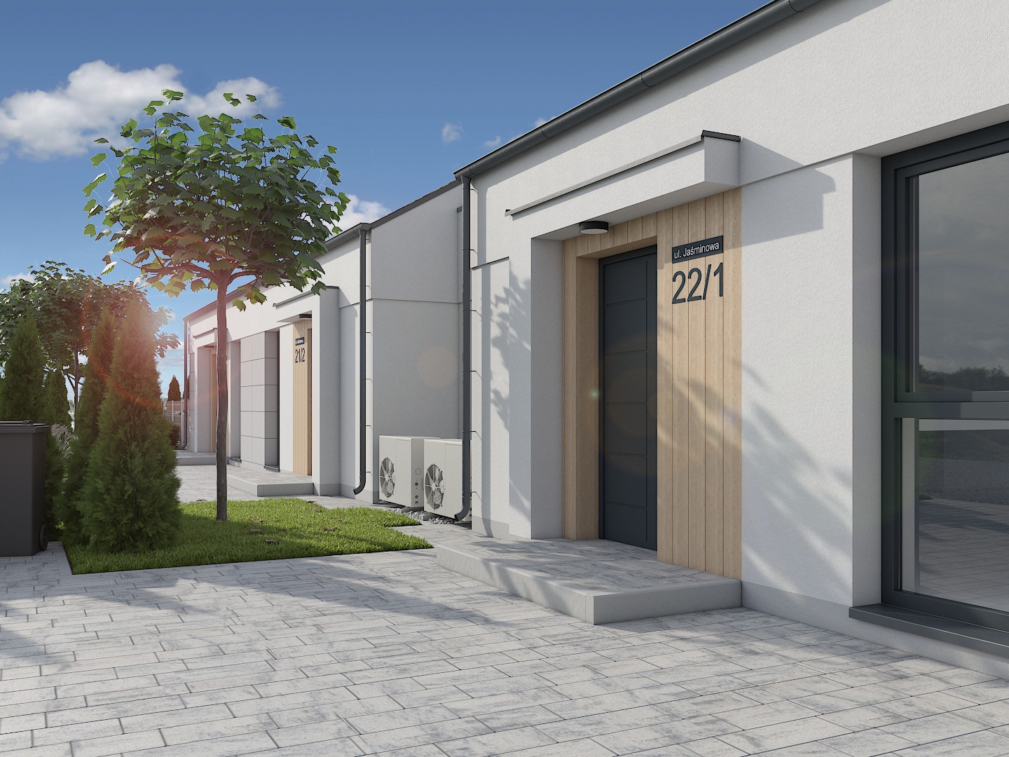 Wizualizacja szeregu nowoczesnych domów jednorodzinnych z płaskimi dachami, z numerami adresowymi na elewacji, kostka brukowa na podjeździe, zieleń, klimatyzatory na zewnątrz.