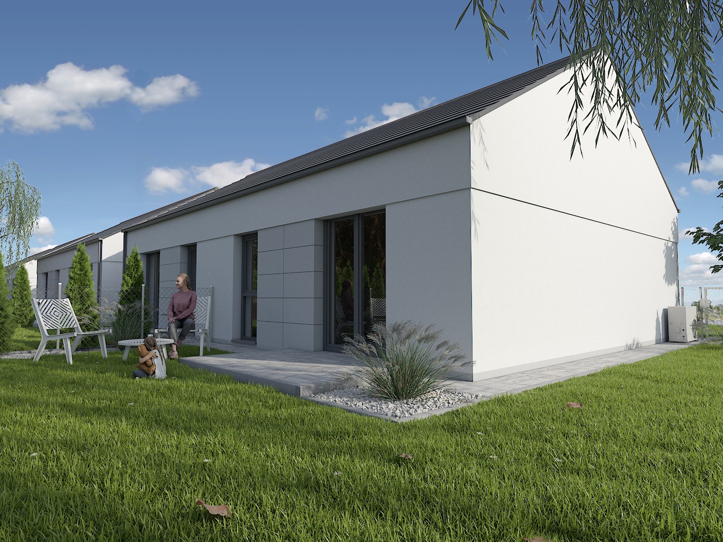 Wizualizacja nowoczesnego parterowego domu z płaskim dachem i szarymi panelami elewacyjnymi, z kobietą siedzącą na krześle w ogrodzie, obok bawi się dziecko.