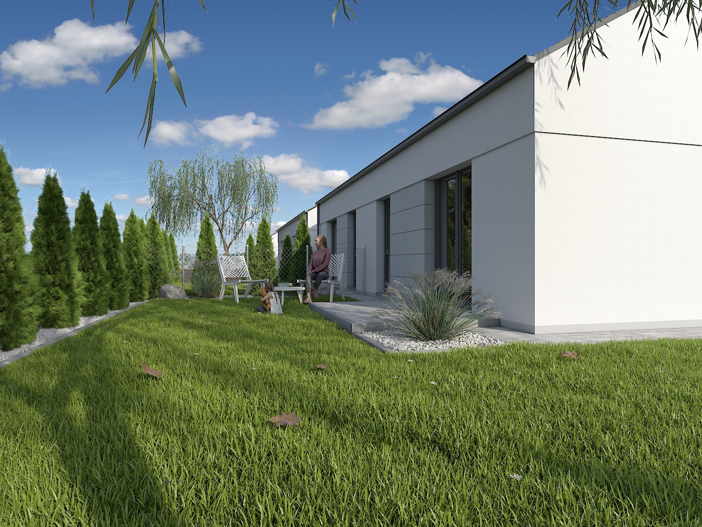 Wizualizacja 3D nowoczesnego, parterowego domu z ogrodem, gdzie kobieta siedzi na białym krześle, a obok niej leży pies.