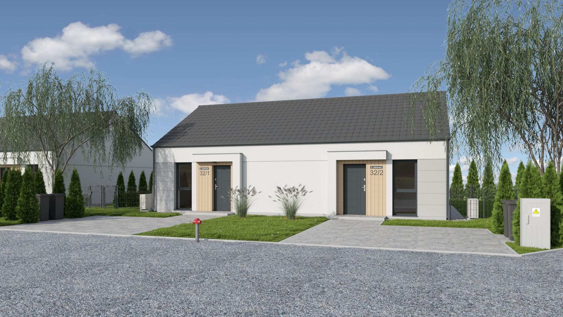 Wizualizacja dwóch identycznych, nowoczesnych domów bliźniaczych z szarymi dachami i elementami drewnianymi, numeracja 32/1 i 32/2, otoczonych zielenią i żwirowym podjazdem.
