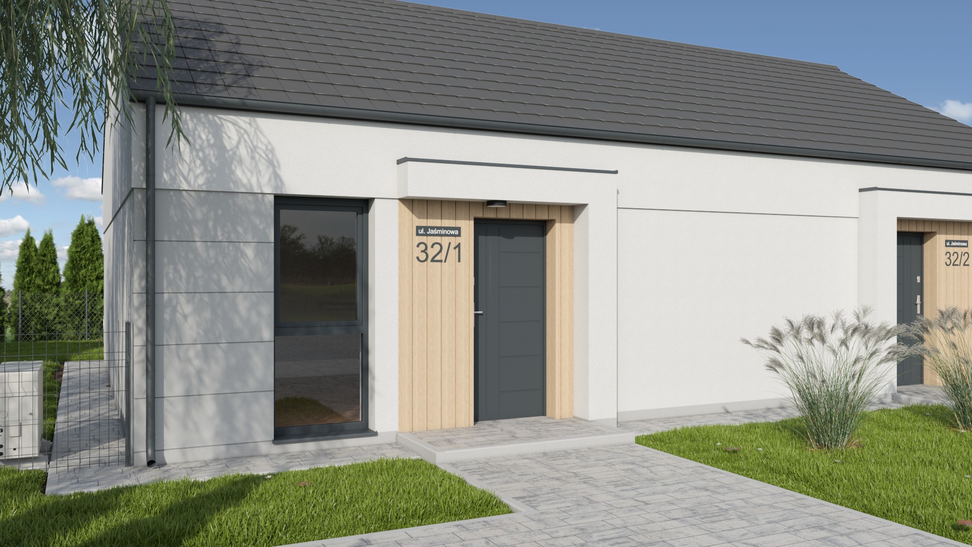 Wizualizacja bliźniaka z szarym dachem, białymi ścianami i drewnianymi panelami przy wejściu, adres ul. Jaśminowa 32/1 i 32/2, kostka brukowa przed budynkiem.