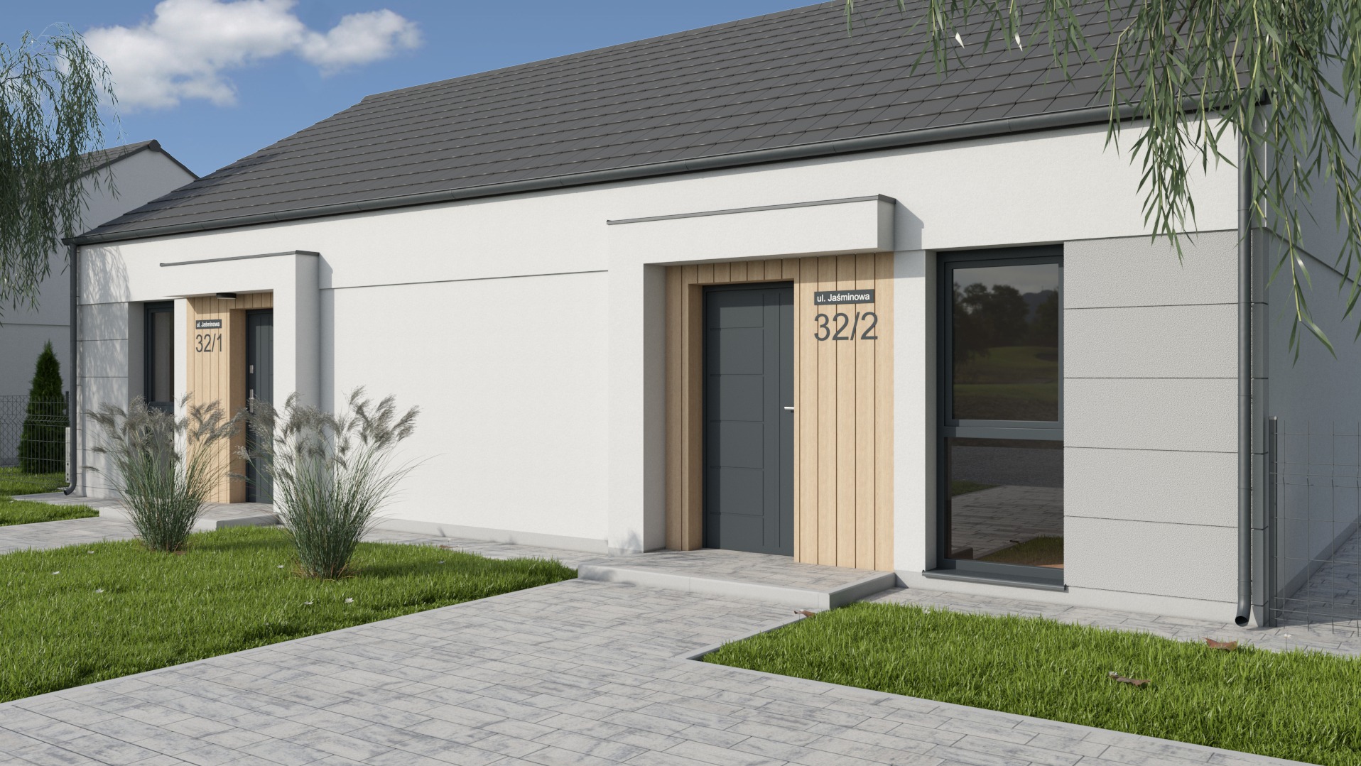Wizualizacja szeregowego domu jednorodzinnego z dwoma wejściami, elewacja w odcieniach bieli i szarości, drewniane akcenty przy drzwiach, adresy na tabliczkach, kostka brukowa na podjeździe i trawnik.