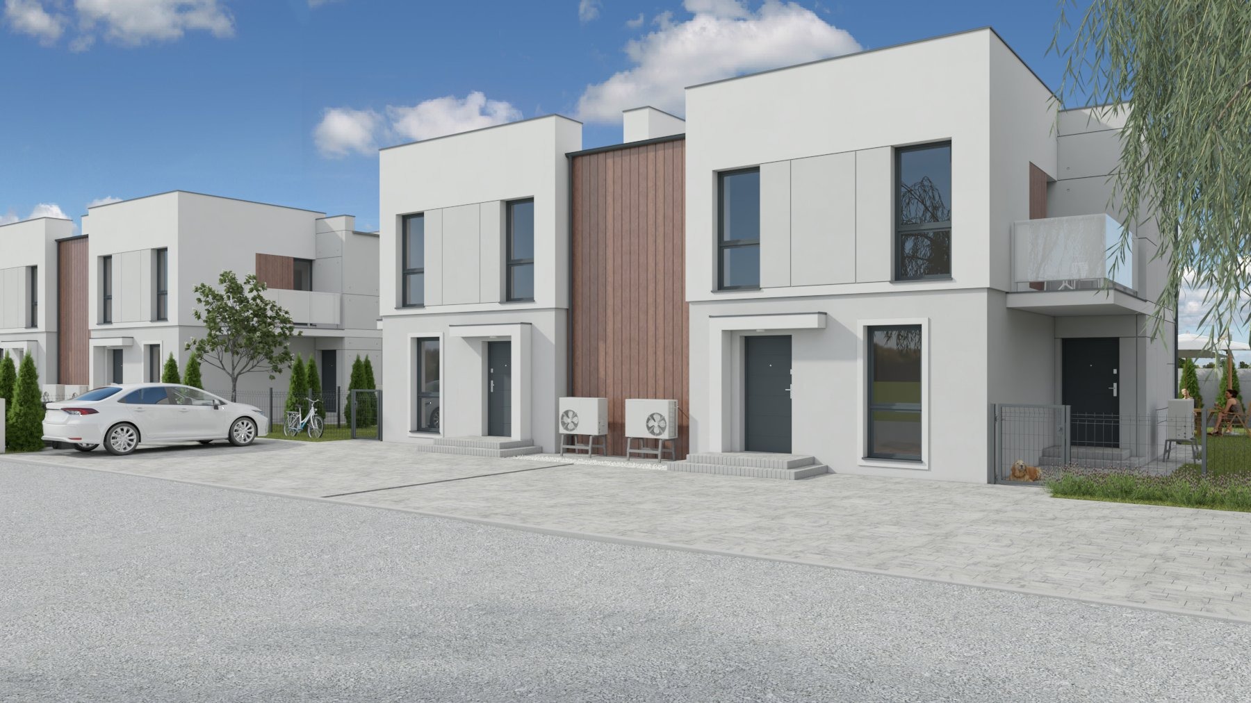 Wizualizacja osiedla domów szeregowych w nowoczesnym stylu z białymi elewacjami, drewnianymi akcentami i szarym brukiem, z zaparkowanym białym samochodem i klimatyzatorami zewnętrznymi.