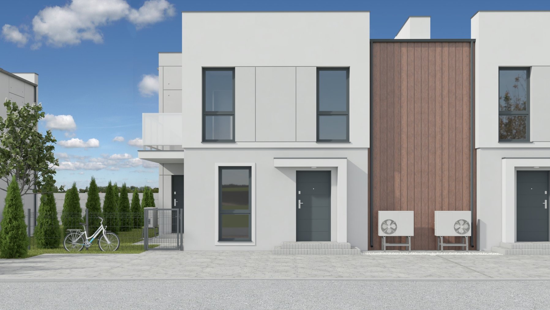 Wizualizacja szeregowej zabudowy domów jednorodzinnych z białymi elewacjami i drewnianymi akcentami, widoczne klimatyzatory zewnętrzne, rower oparty o ogrodzenie i starannie wypielęgnowana zieleń.