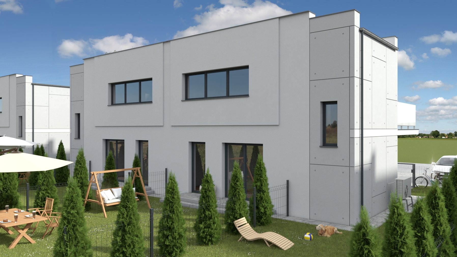 Wizualizacja nowoczesnego, dwukondygnacyjnego domu z płaskim dachem i jasnoszarą elewacją, otoczonego zielonym ogrodem z tujami, huśtawką, leżakiem i psem leżącym obok piłki.