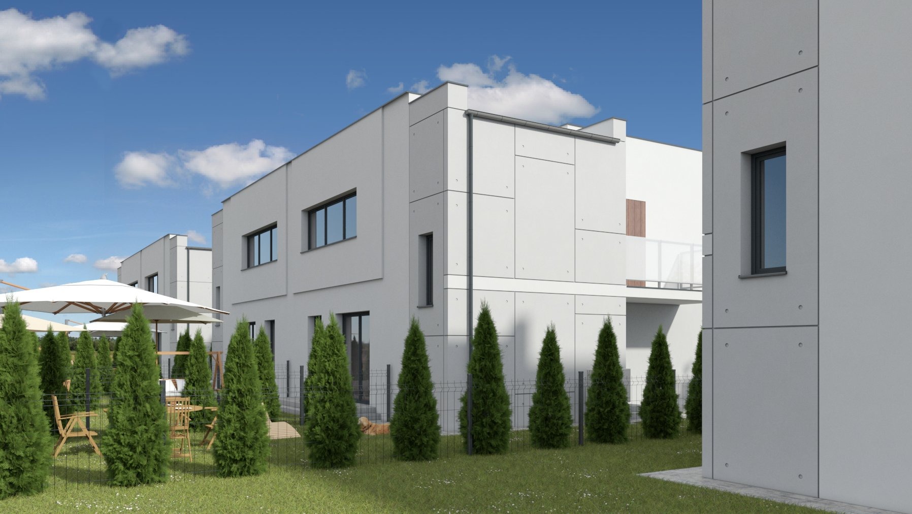 Wizualizacja szeregu nowoczesnych, minimalistycznych domów z szarego betonu architektonicznego, otoczonych tujami i zielonym trawnikiem pod błękitnym niebem z chmurami.