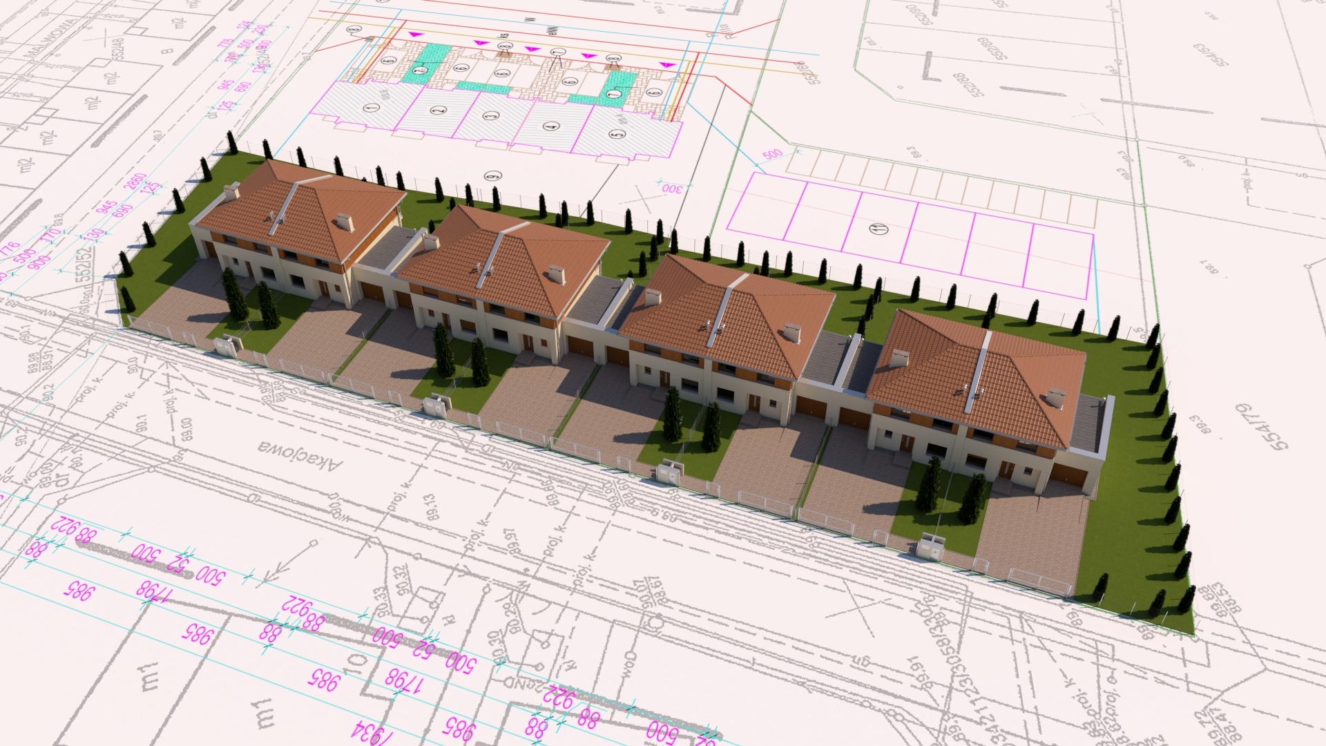 Wizualizacja architektoniczna szeregu czterech domów jednorodzinnych z brązowymi dachami, otoczonych zielenią, na tle planu zagospodarowania przestrzennego z naniesionymi numerami działek i ulicą...