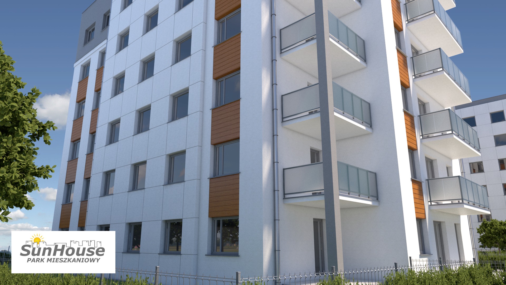 Wizualizacja zewnętrzna nowoczesnego, wielopiętrowego budynku mieszkalnego z balkonami, z elementami drewnopodobnymi na elewacji, prezentowana z perspektywy niskiego kąta, ukazująca logo dewelopera...