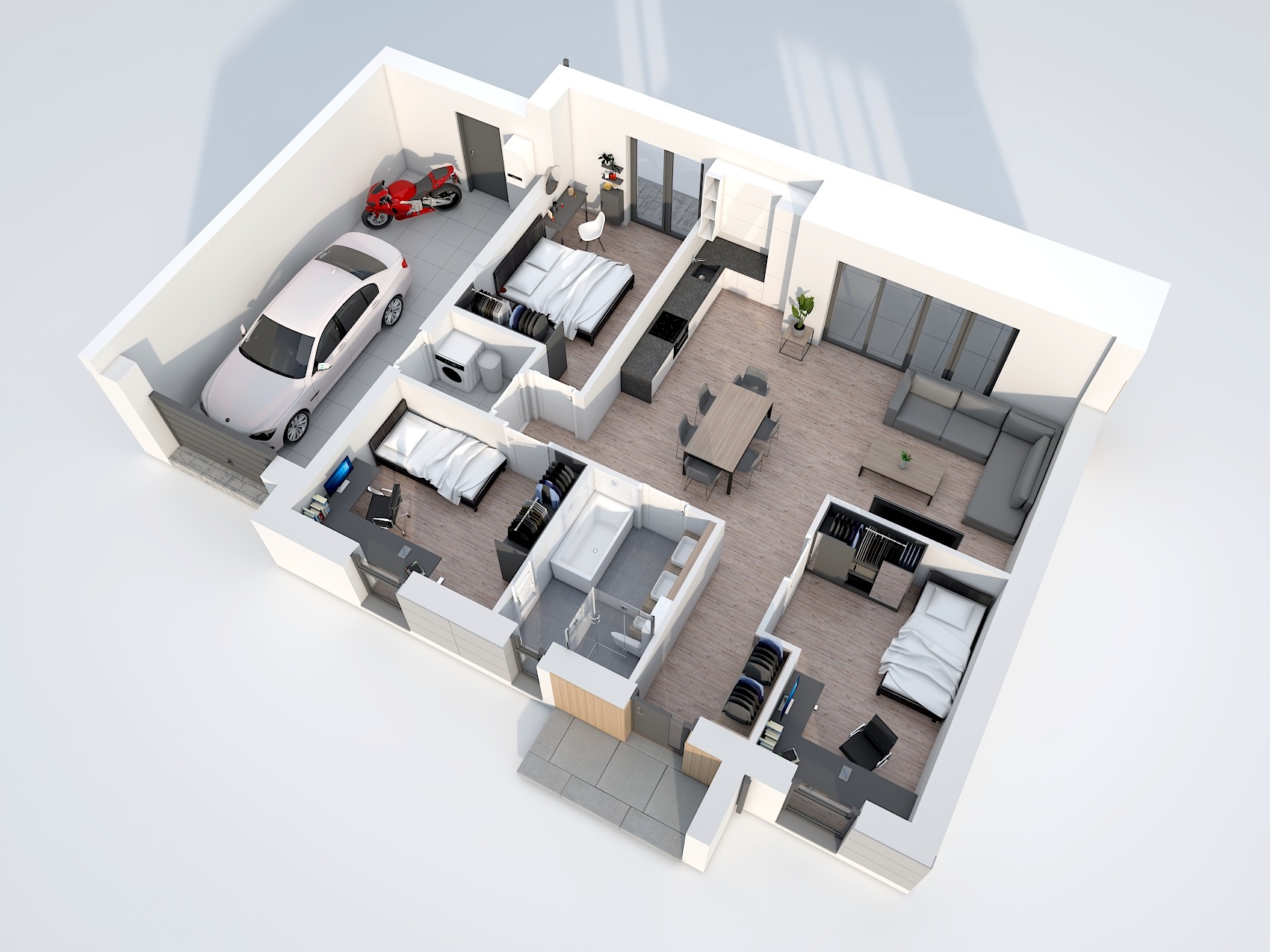 Wizualizacja 3D rzutu poziomego mieszkania z garażem, zawierającego samochód i motocykl, sypialnie, łazienkę, salon z kuchnią i balkonem, ukazana z perspektywy lotu ptaka.