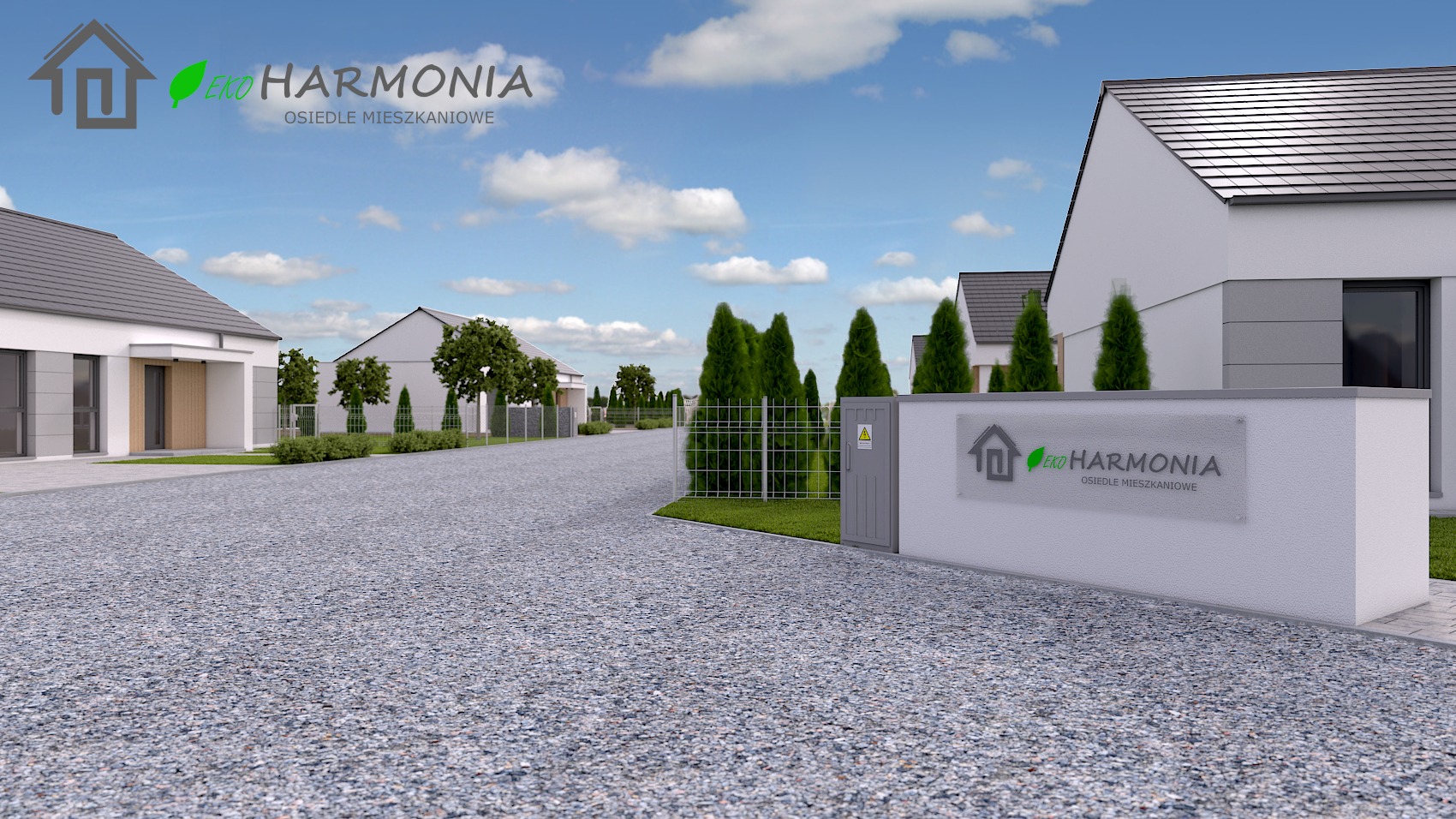 Wizualizacja osiedla mieszkaniowego Eko Harmonia z nowoczesnymi domami, szarym brukiem i schludną zielenią, widoczna brama wjazdowa z tablicą informacyjną.