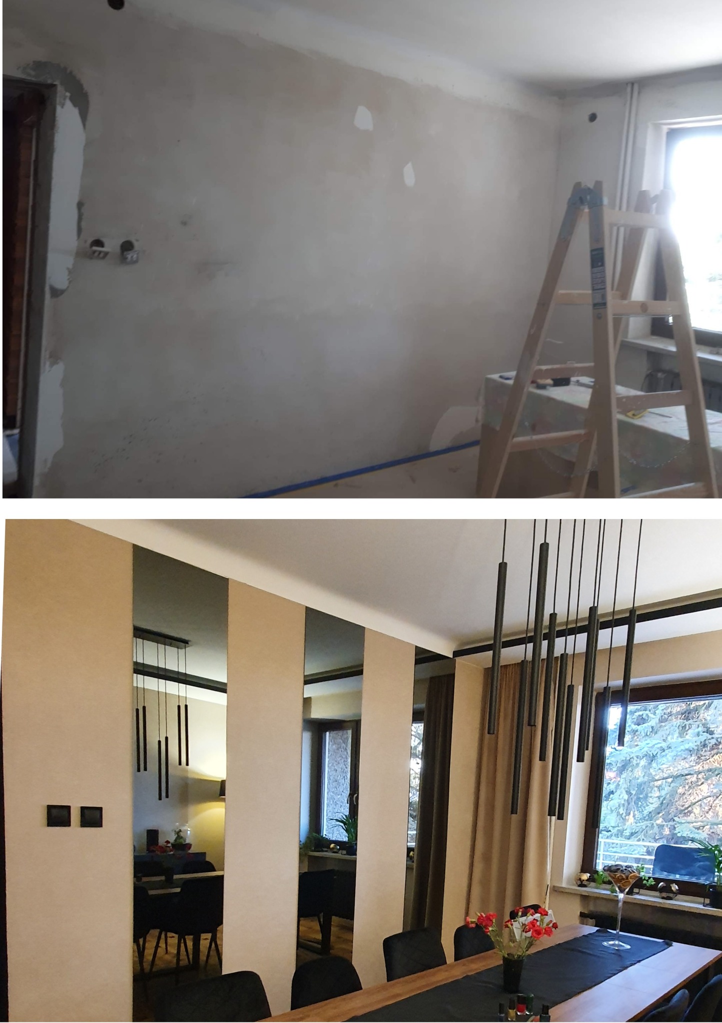 Zdjęcie przedstawia pokój w dwóch etapach: górna część ukazuje surową ścianę z widocznymi śladami po pracach, niezagruntowaną, z wystającymi przewodami elektrycznymi i drabina w tle, dolna część...