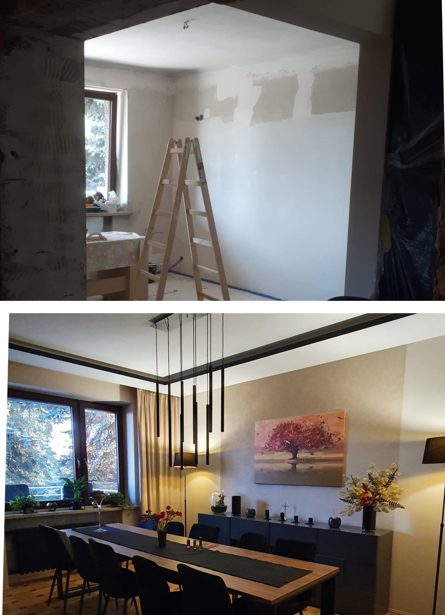 Porównanie stanu surowego i wykończonego salonu z oknem: surowe ściany z drabiny w górnej części kontra elegancka jadalnia z obrazem i designerskim oświetleniem w dolnej części.