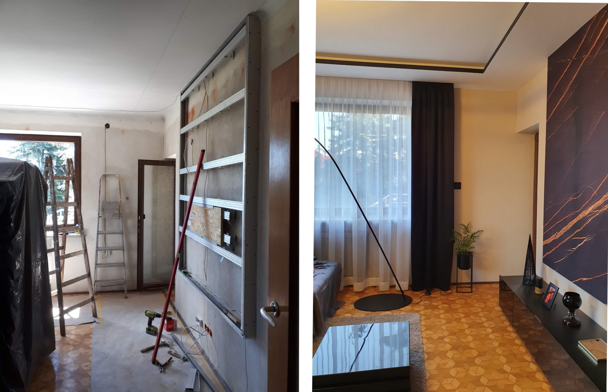 Porównanie stanu pokoju przed i po: po lewej pokój w trakcie prac z widoczną konstrukcją metalową na ścianie, drabiny i narzędzia, po prawej wykończony pokój z nowoczesnym oświetleniem, zasłonami...