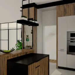 Wizualizacja nowoczesnej kuchni z wyspą, drewnianymi akcentami i dużymi oknami, widok na jadalnię z zielonymi zasłonami.