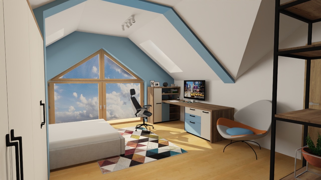Wizualizacja pokoju na poddaszu z oknem trójkątnym, biurkiem z niebieskimi szufladami, krzesłem obrotowym i kolorowym dywanem geometrycznym.