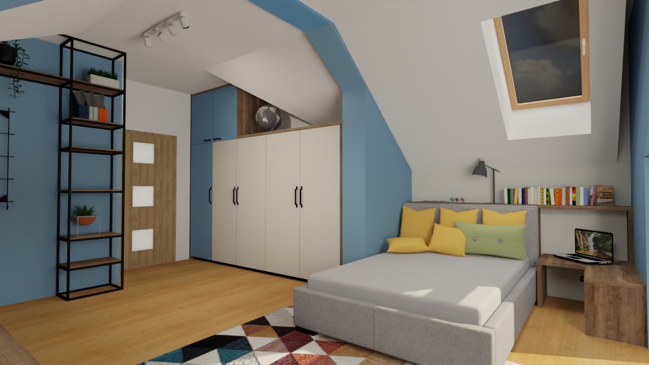 Wizualizacja sypialni na poddaszu z łóżkiem, szafą w zabudowie, regałem i biurkiem z laptopem, utrzymana w tonacji błękitu i bieli.