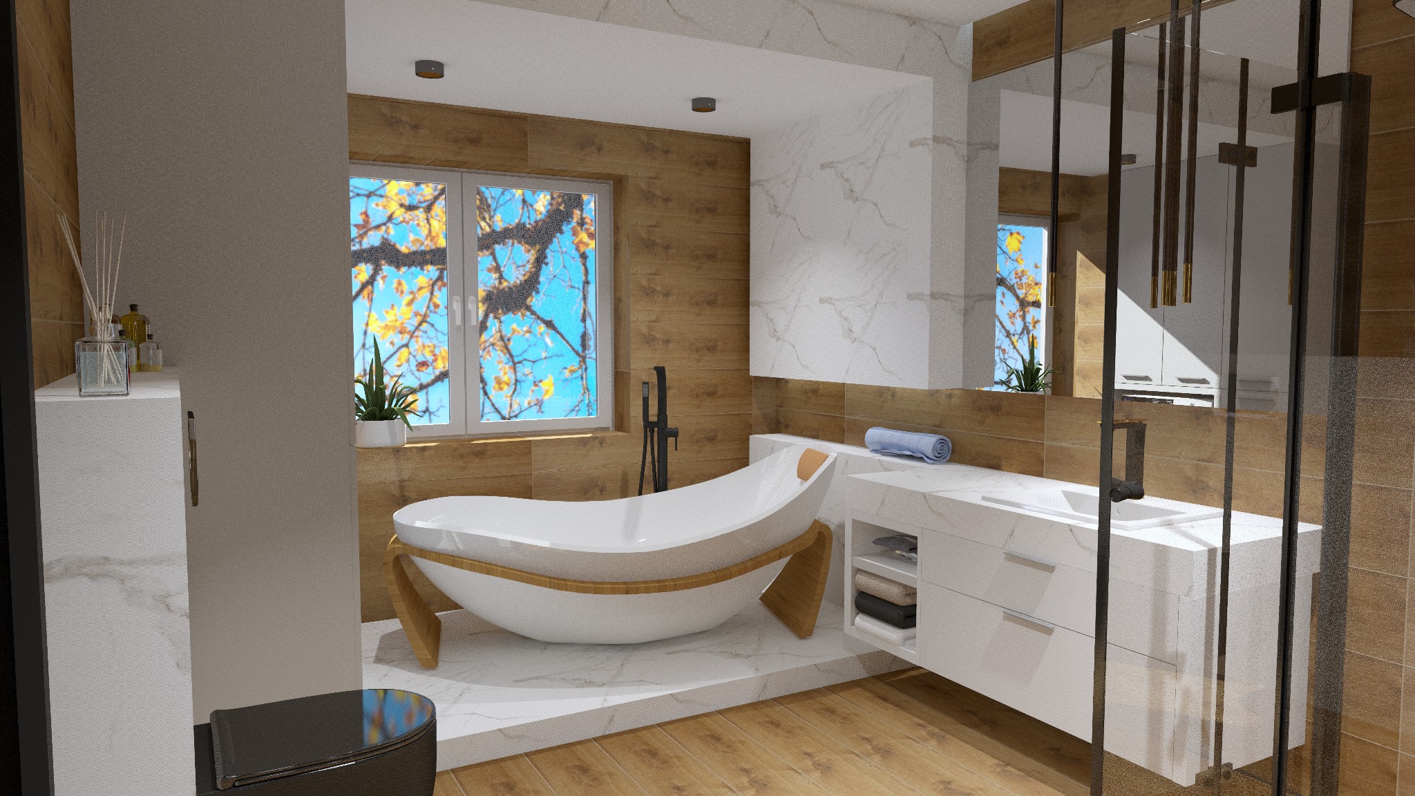 Wizualizacja łazienki z wolnostojącą wanną na drewnianym stelażu, umywalką z szafką z blatem imitującym marmur, drewnianymi panelami ściennymi i widokiem jesiennego drzewa za oknem.
